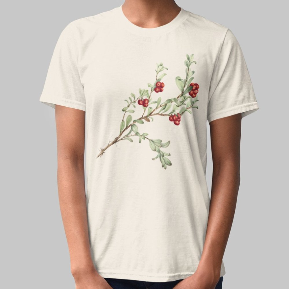 Red Bearberry Vintage Botanical Print Short Sleeve Graphic Tee T-shirt S M L XL